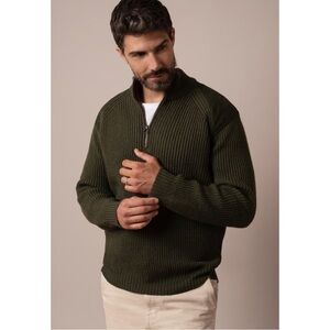 CELTIC & CO | NWT Ribbed Half Zip British Wool Sweater in Olive, Size Large